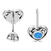 Synthetic Azure Blue Opal Celtic Love Heart Sterling Silver Stud Earrings - e366